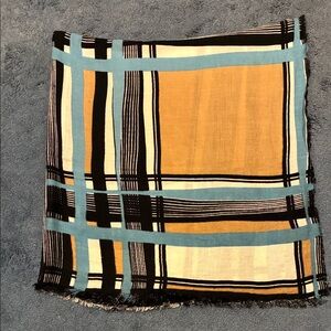Plaid Square Fringed Shawl with Blue, Tan and Cream Pattern